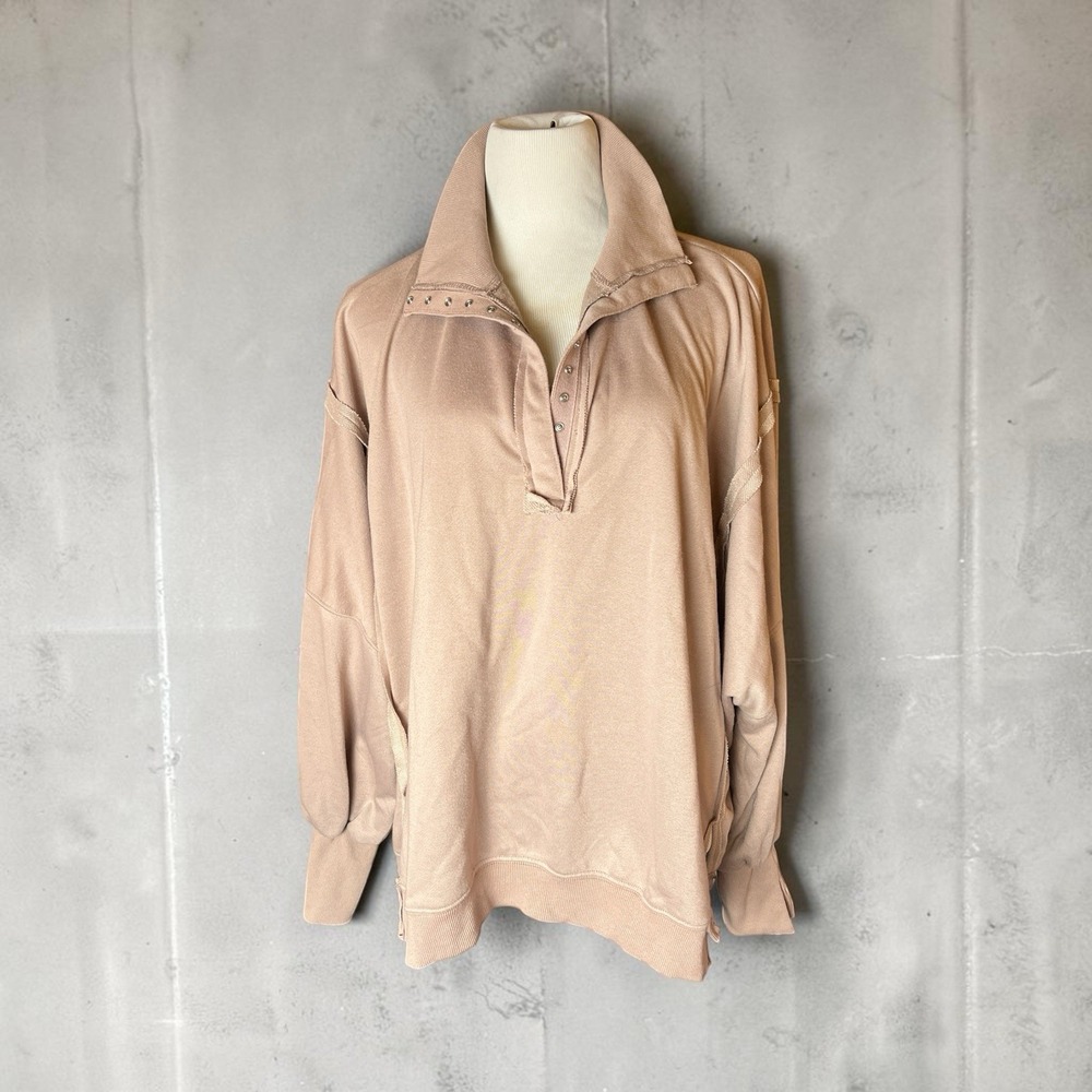 RUBZOOF Womens Oversized Half Snap Sweatshirt Beige Pullover Large